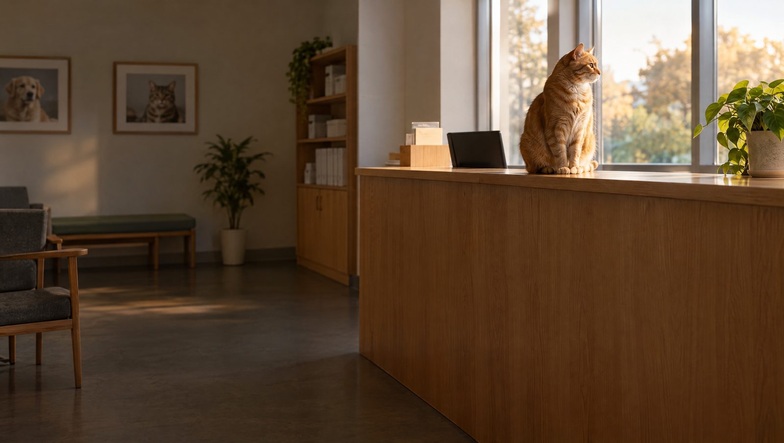 A calm ginger cat sitting on a reception counter in a quiet clinic at dawn